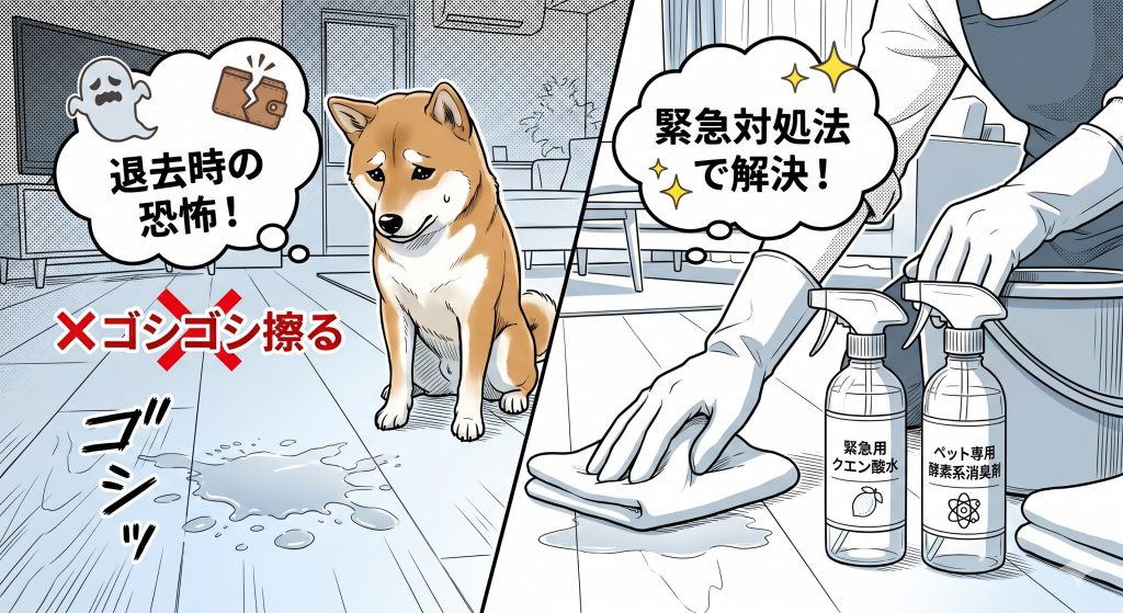 退去時の恐怖「ペットの粗相(おしっこ)跡」!賃貸のフローリングの染み・ニオイを消す緊急対処法とNGなお掃除