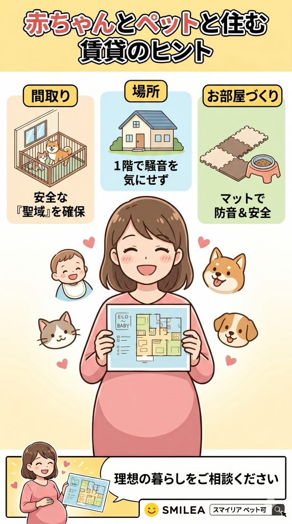 「赤ちゃんとペット(犬・猫)」が同居する賃貸探し!間取りの工夫と騒音クレームを防ぐお部屋づくりの絶対条件